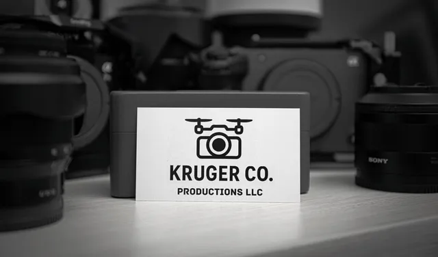 Kruger Co. Productions camera gear and logo card in the studio