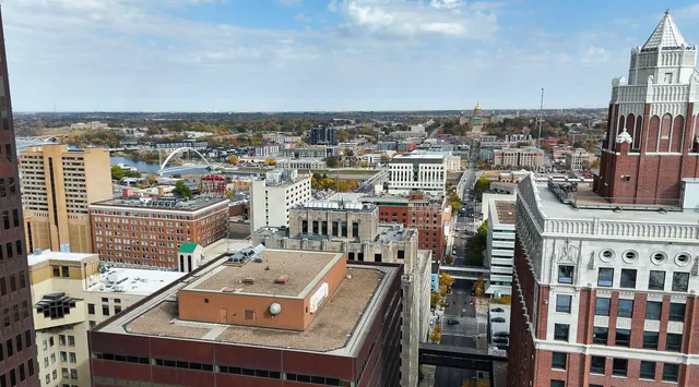 Aerial drone view of a downtown Iowa skyline